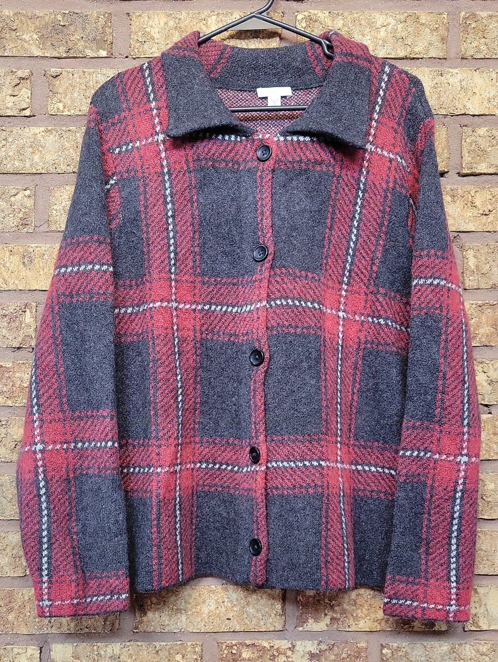 J. Jill Plaid Button-Front Collared Cardigan Jacket Wool Blend Size M Petite